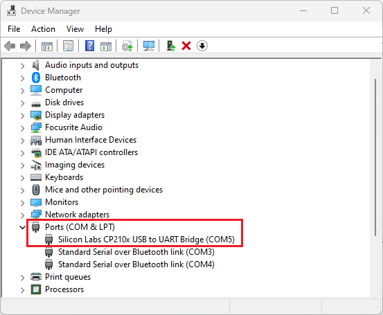 Testando a Instalação dos Drivers da Ponte USB para UART CP210x no Gerenciador de Dispositivos do PC Windows